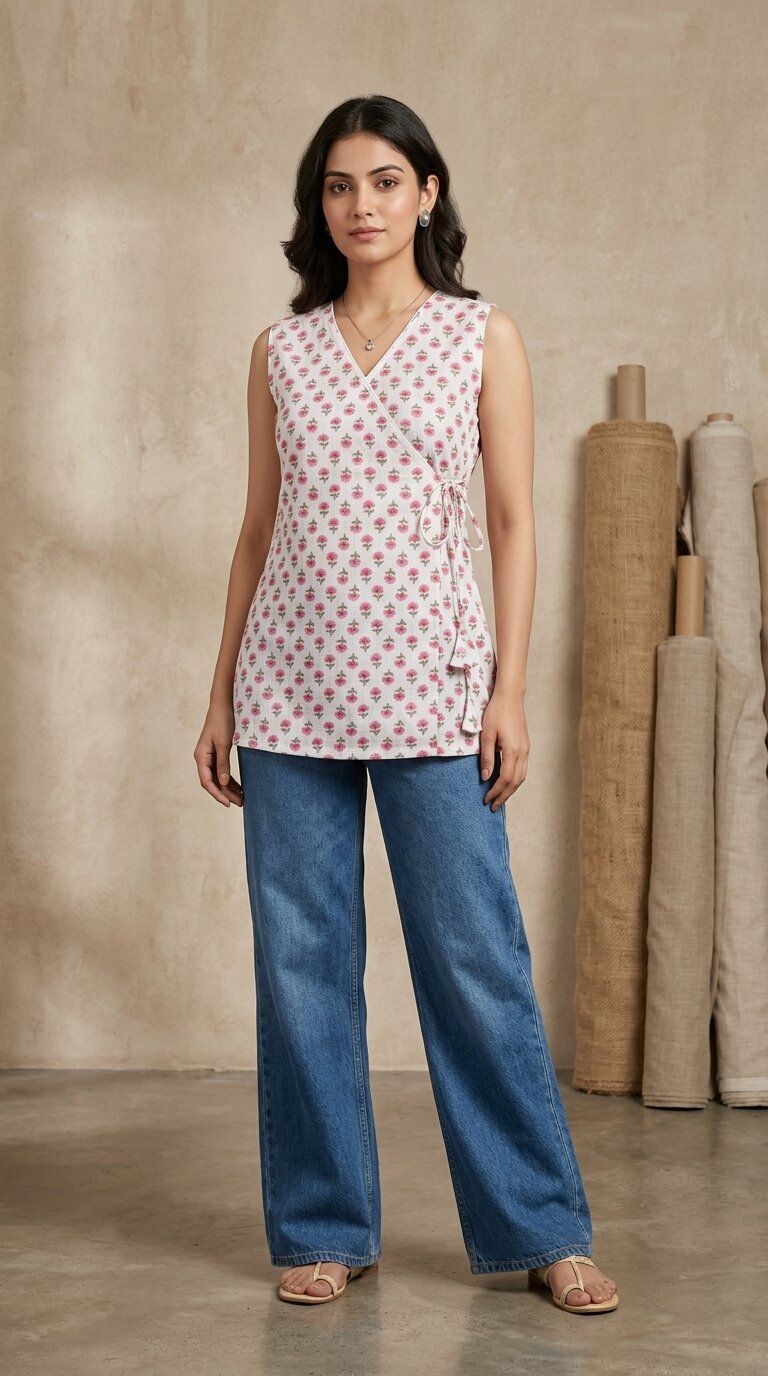 Cotton Angrakha Floral Printed Kurti
