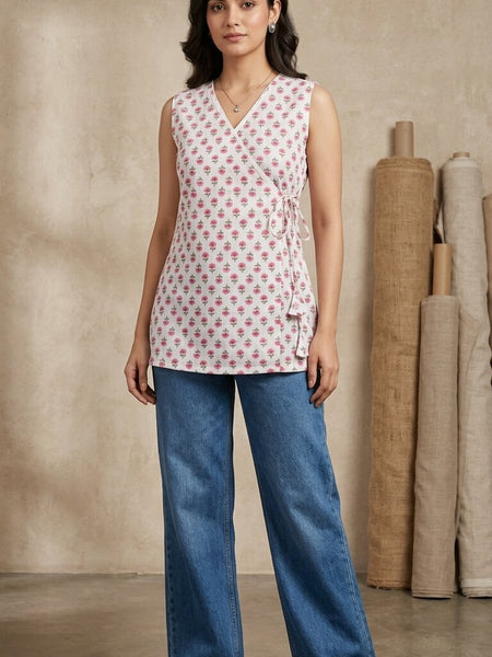 Cotton Angrakha Floral Printed Kurti