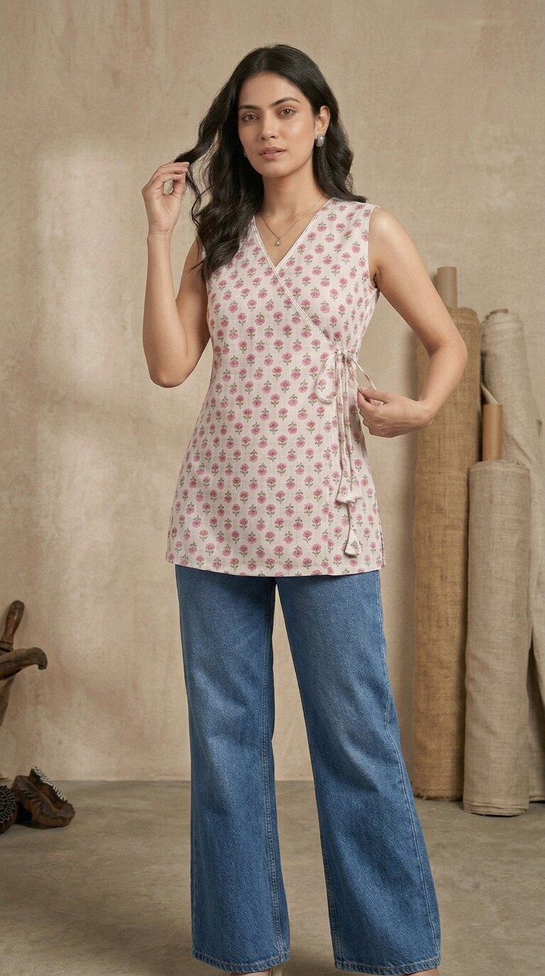 Cotton Angrakha Floral Printed Kurti