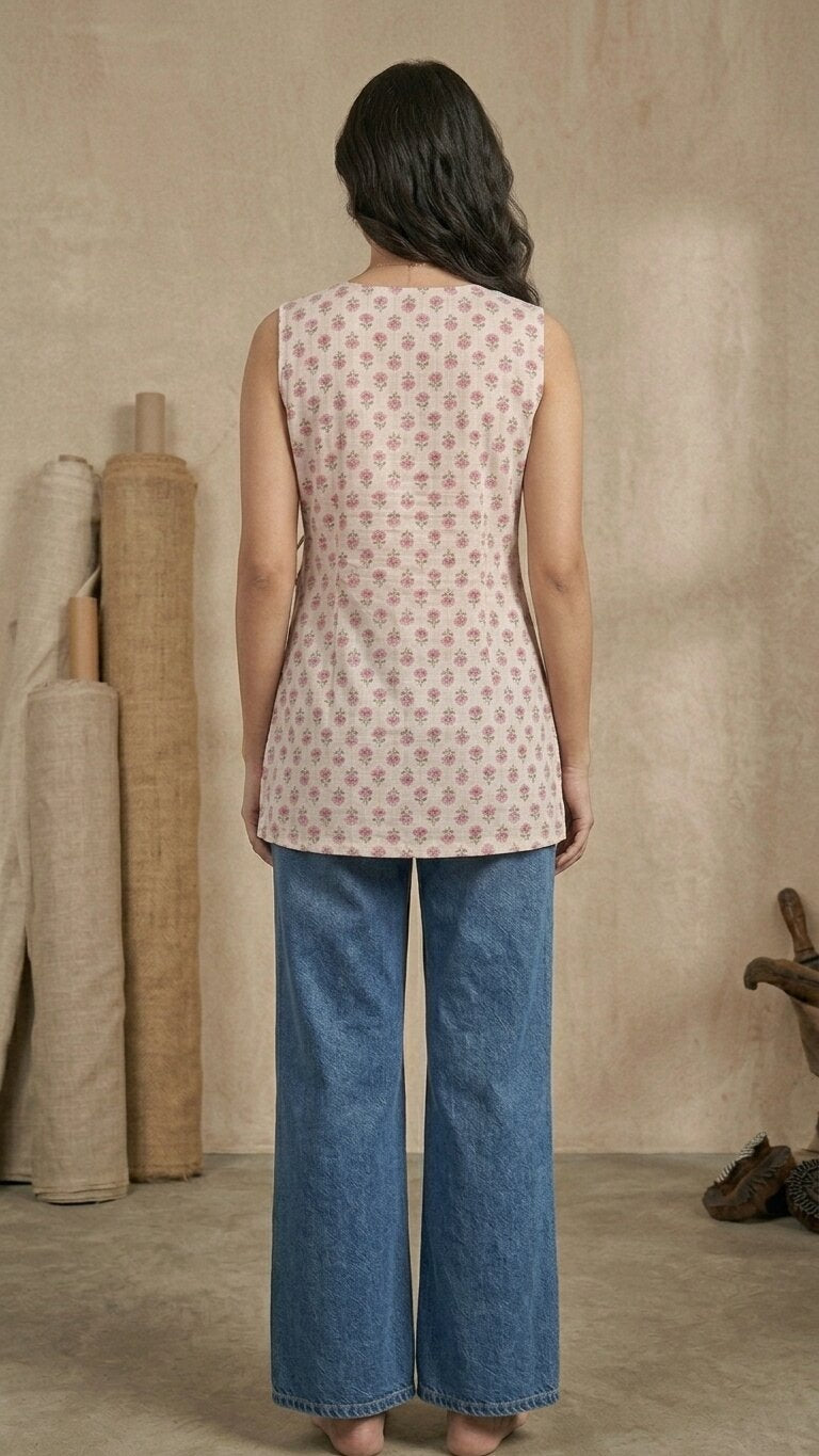 Cotton Angrakha Floral Printed Kurti