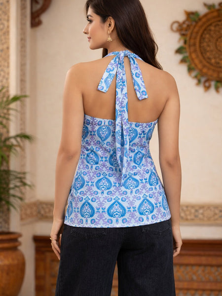 Blue Cotton Halter neck Backless Kurti