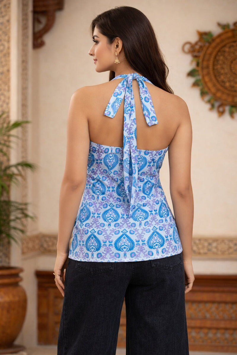Cotton Printed Halter Neck Backless Kurti