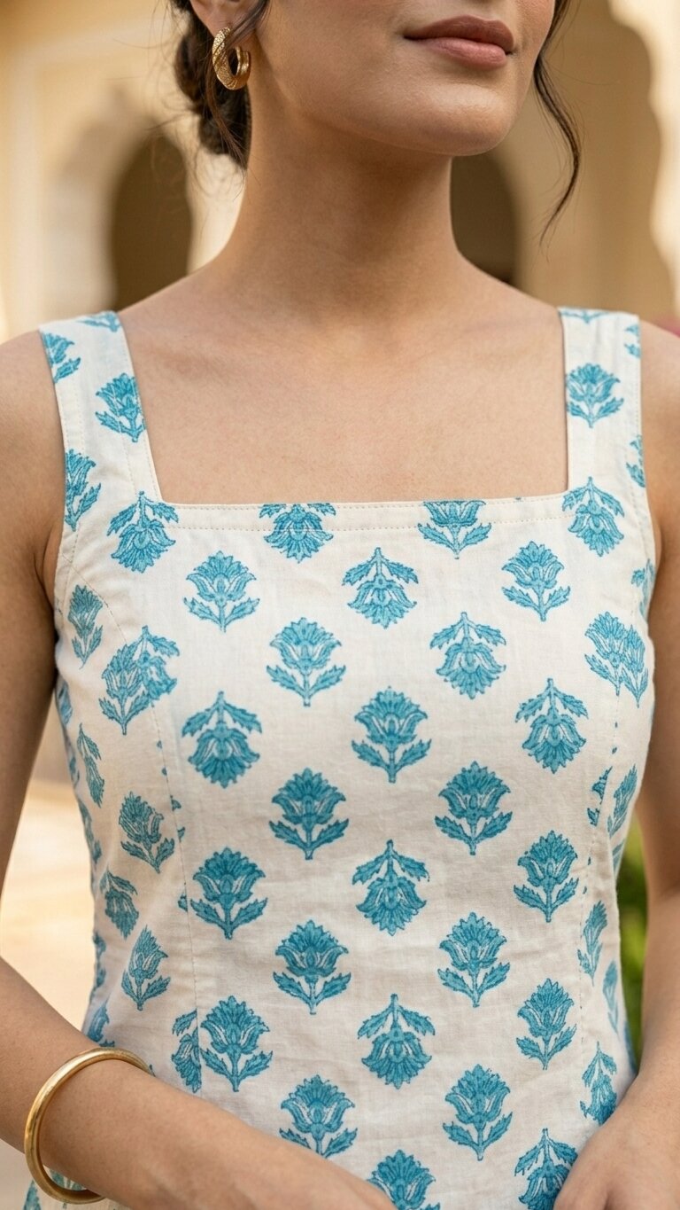 Women Cotton Printed Sleeveless Back Tie-up Kurti
