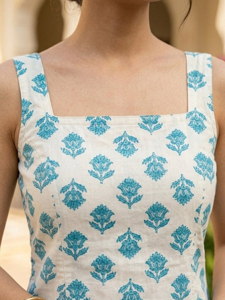 Women Cotton Printed Sleeveless Back Tie-up Kurti