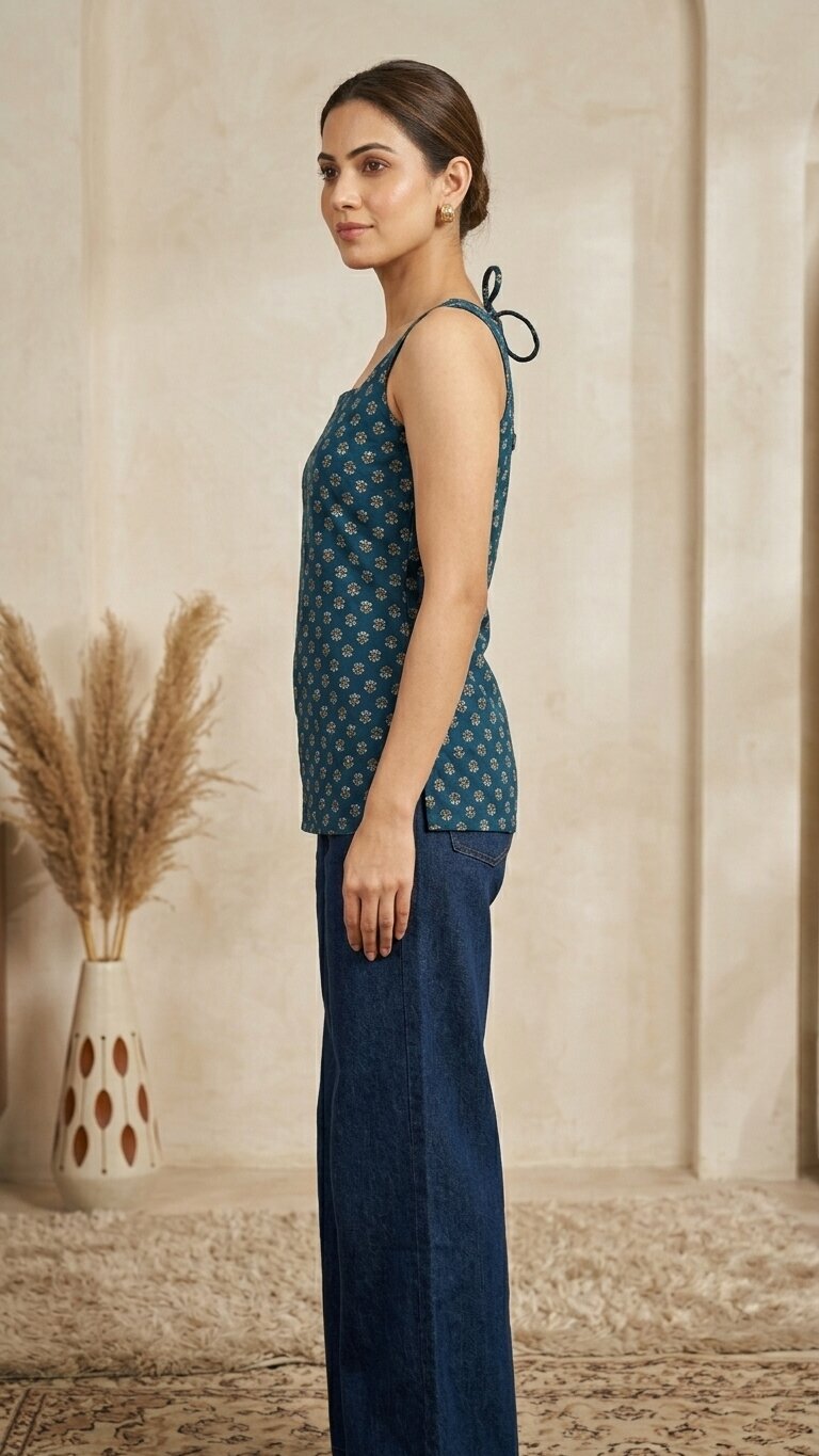 Cotton Blue Floral Square neck Kurti