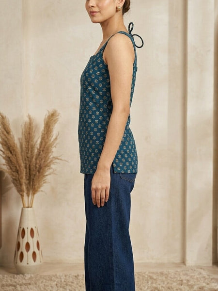 Cotton Blue Floral Square neck Kurti