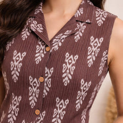 Women Cotton Kantha Work Collared Button-up Kurti