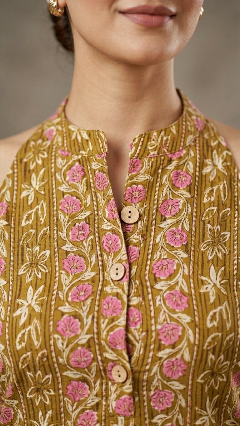 Women Cotton Katha Work Printed Button-up Kurti