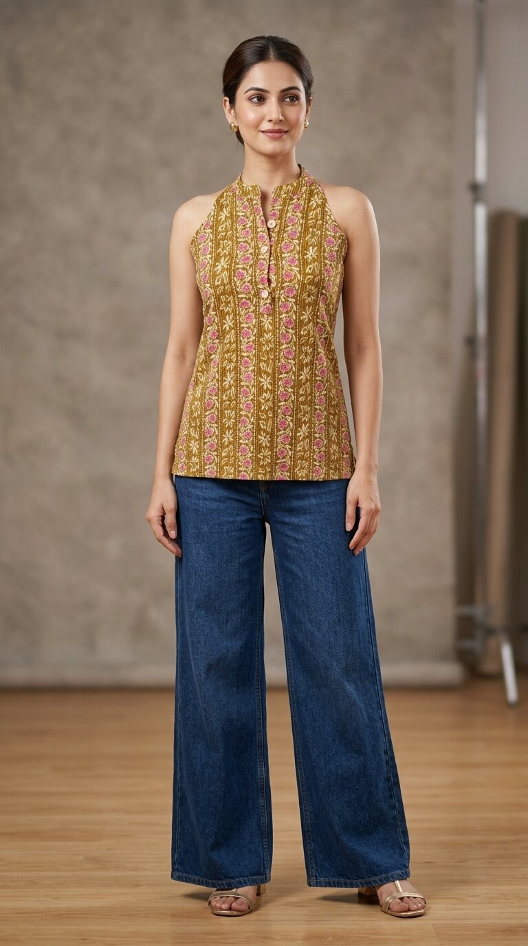 Women Cotton Katha Work Printed Button-up Kurti