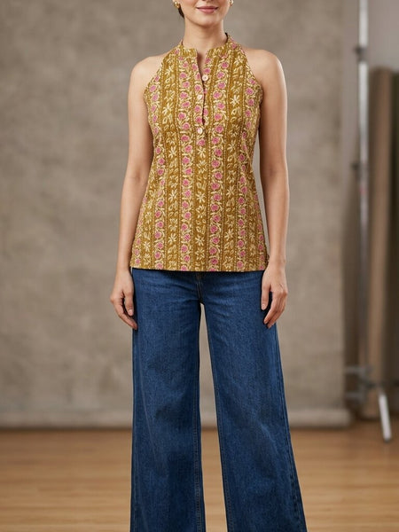 Women Cotton Katha Work Printed Button-up Kurti