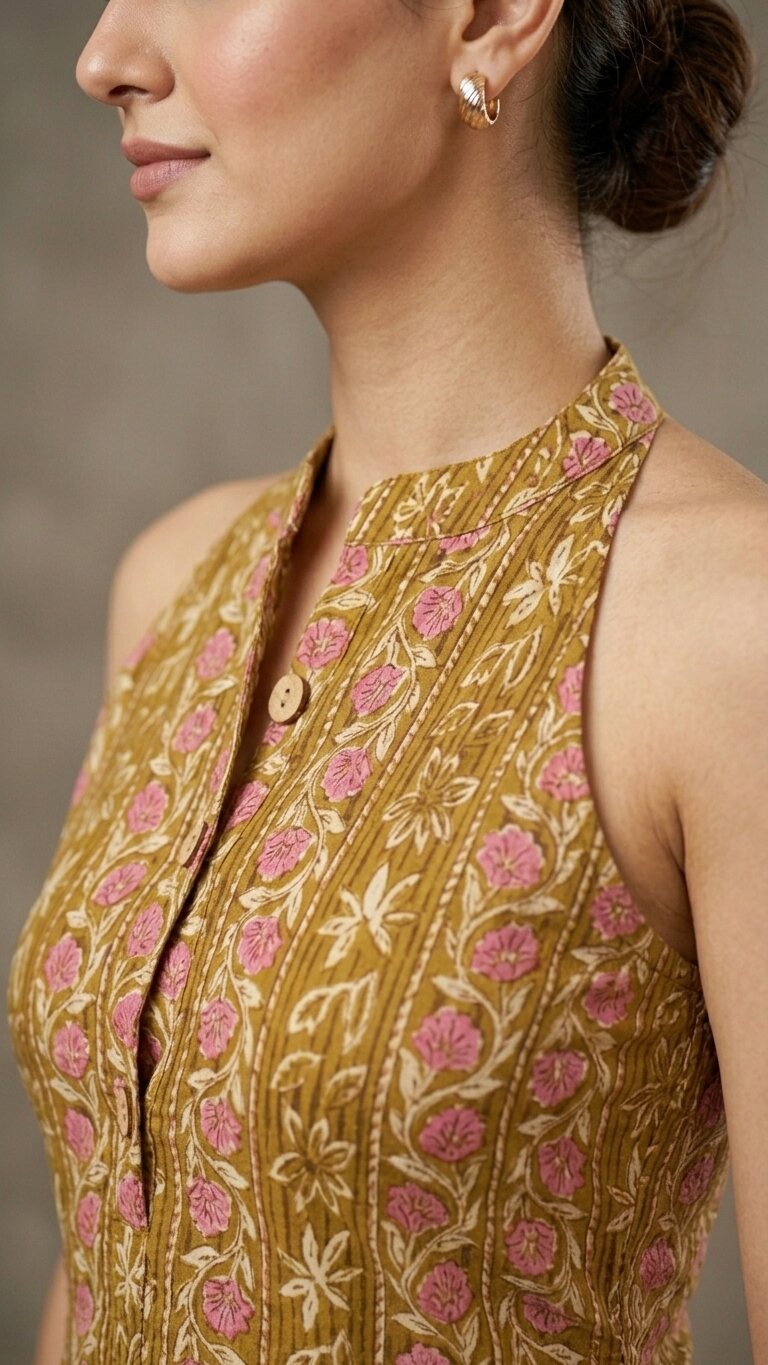 Women Cotton Katha Work Printed Button-up Kurti
