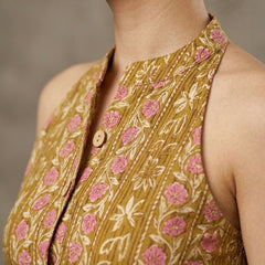 Women Cotton Katha Work Printed Button-up Kurti