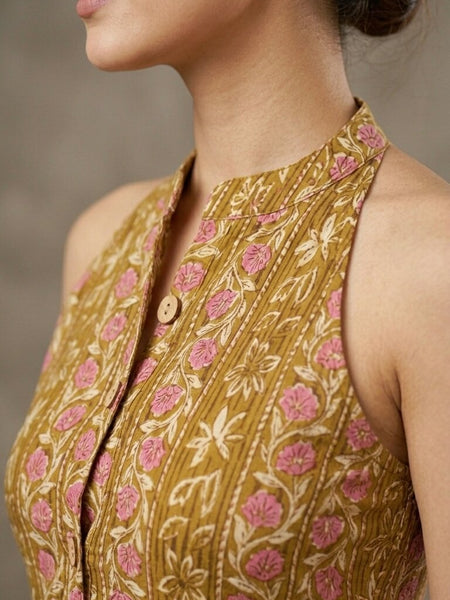 Women Cotton Katha Work Printed Button-up Kurti