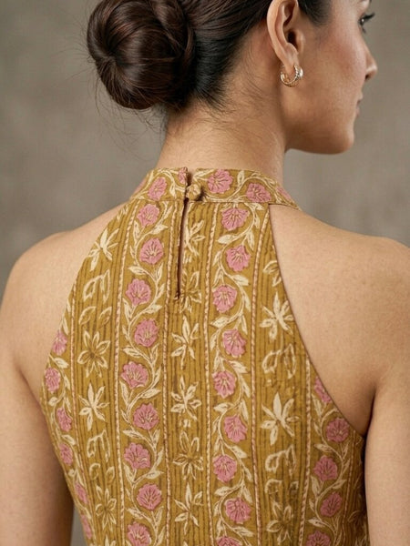 Women Cotton Katha Work Printed Button-up Kurti