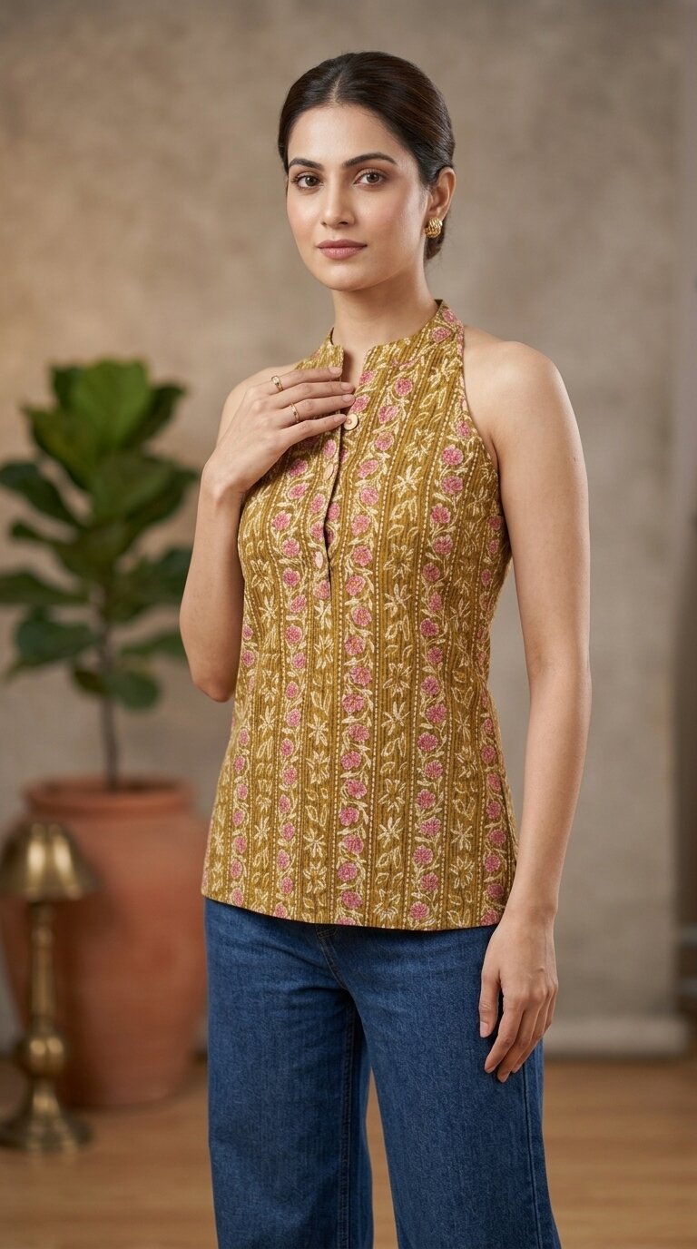Women Cotton Katha Work Printed Button-up Kurti