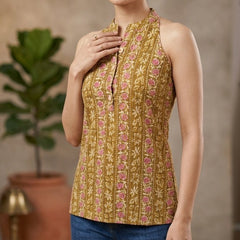 Women Cotton Katha Work Printed Button-up Kurti