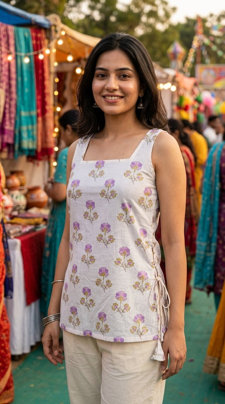 Cotton Purple Square Neck Printed with tie-ups kurti