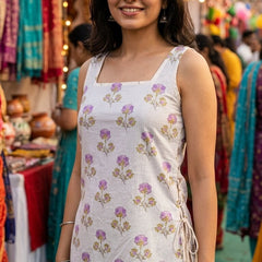 Cotton Purple Square Neck Printed with tie-ups kurti