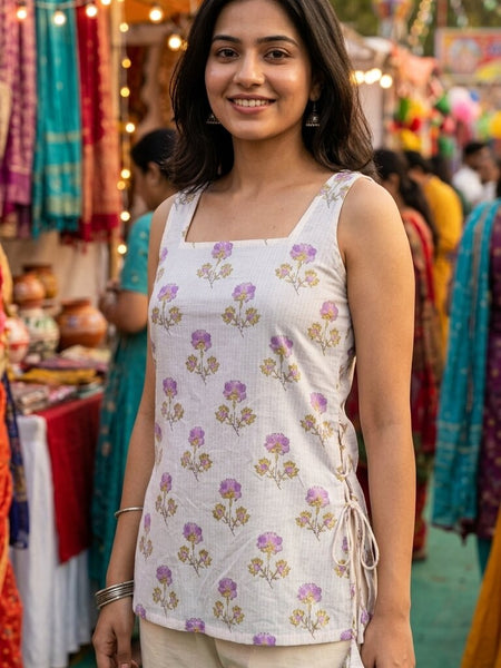 Cotton Purple Square Neck Printed with tie-ups kurti