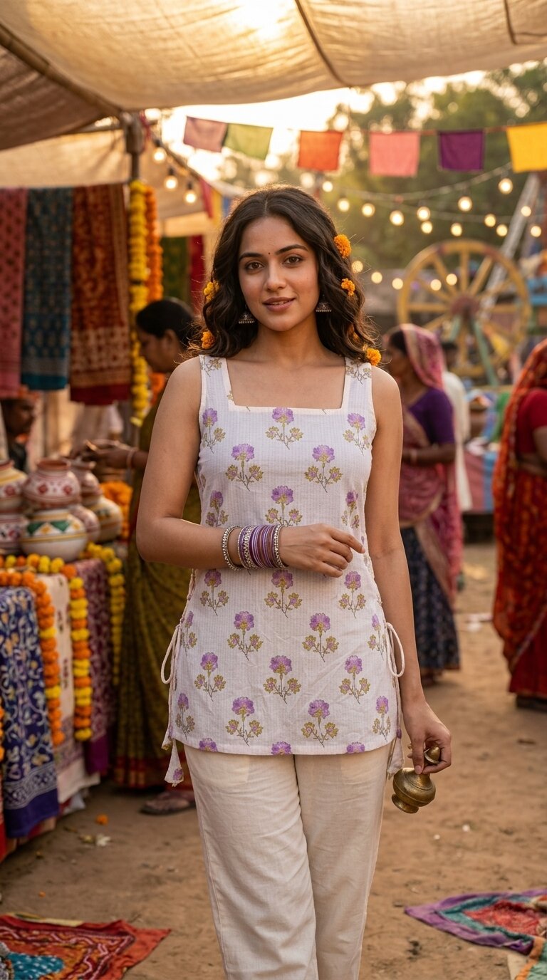 Cotton Purple Square Neck Printed with tie-ups kurti