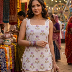 Cotton Purple Square Neck Printed with tie-ups kurti