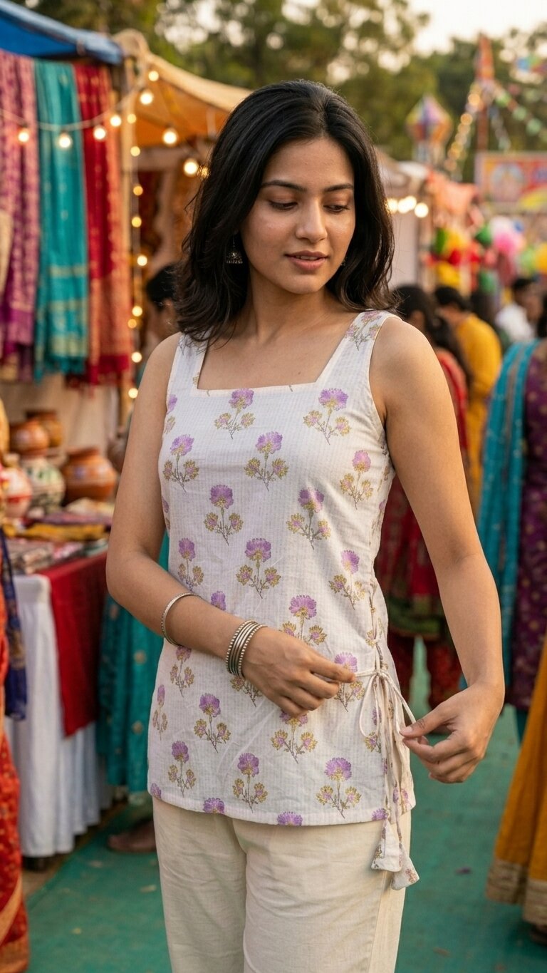 Cotton Purple Square Neck Printed with tie-ups kurti