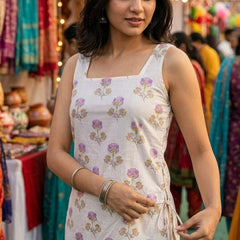 Cotton Purple Square Neck Printed with tie-ups kurti