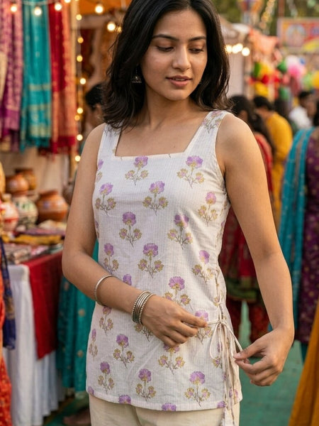 Cotton Purple Square Neck Printed with tie-ups kurti
