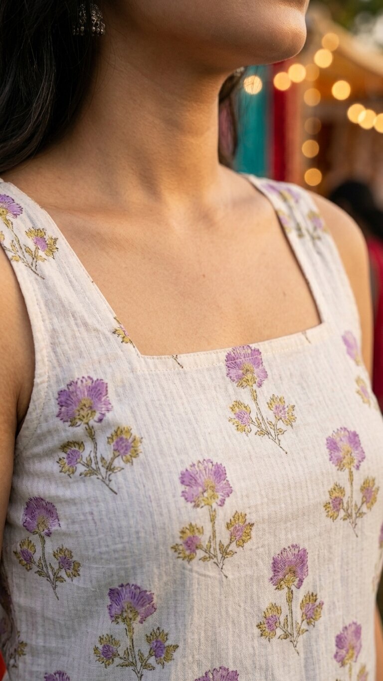 Cotton Purple Square Neck Printed with tie-ups kurti