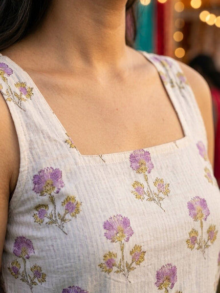 Cotton Purple Square Neck Printed with tie-ups kurti