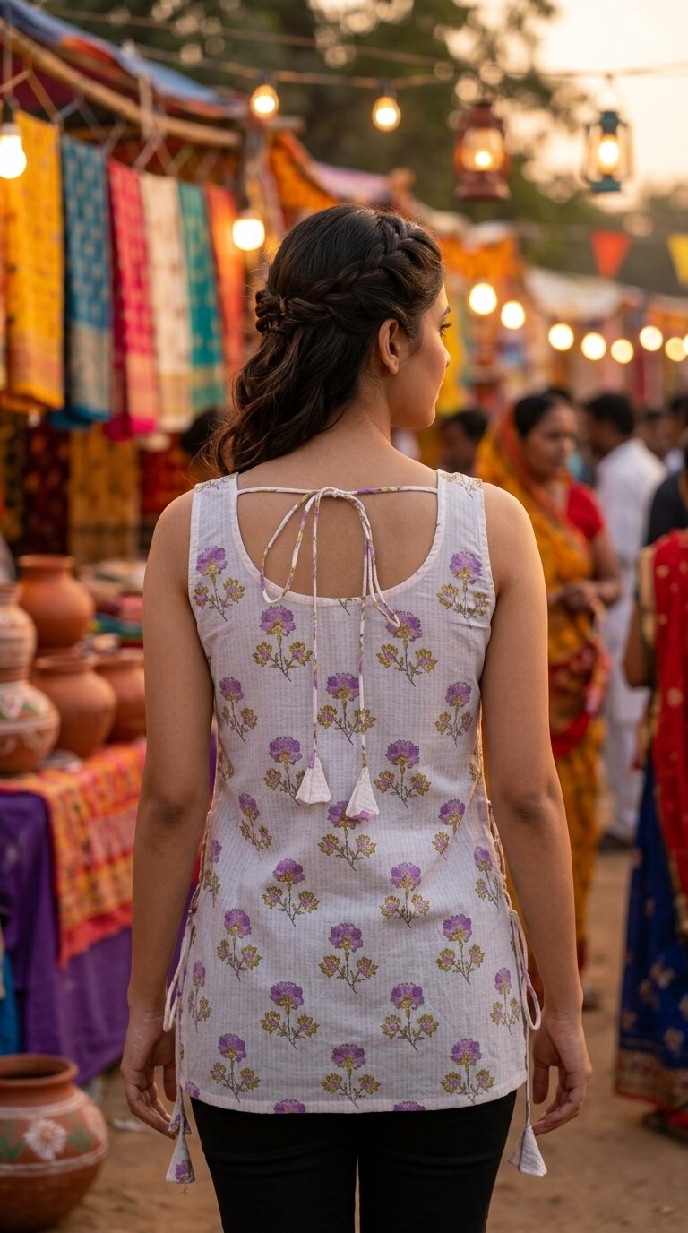 Cotton Purple Square Neck Printed with tie-ups kurti