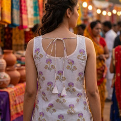 Cotton Purple Square Neck Printed with tie-ups kurti