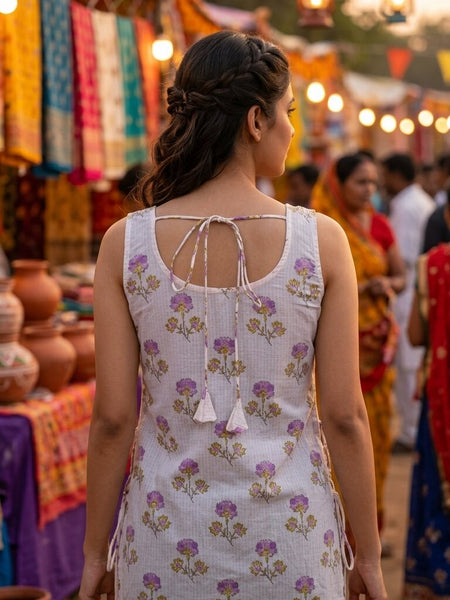 Cotton Purple Square Neck Printed with tie-ups kurti