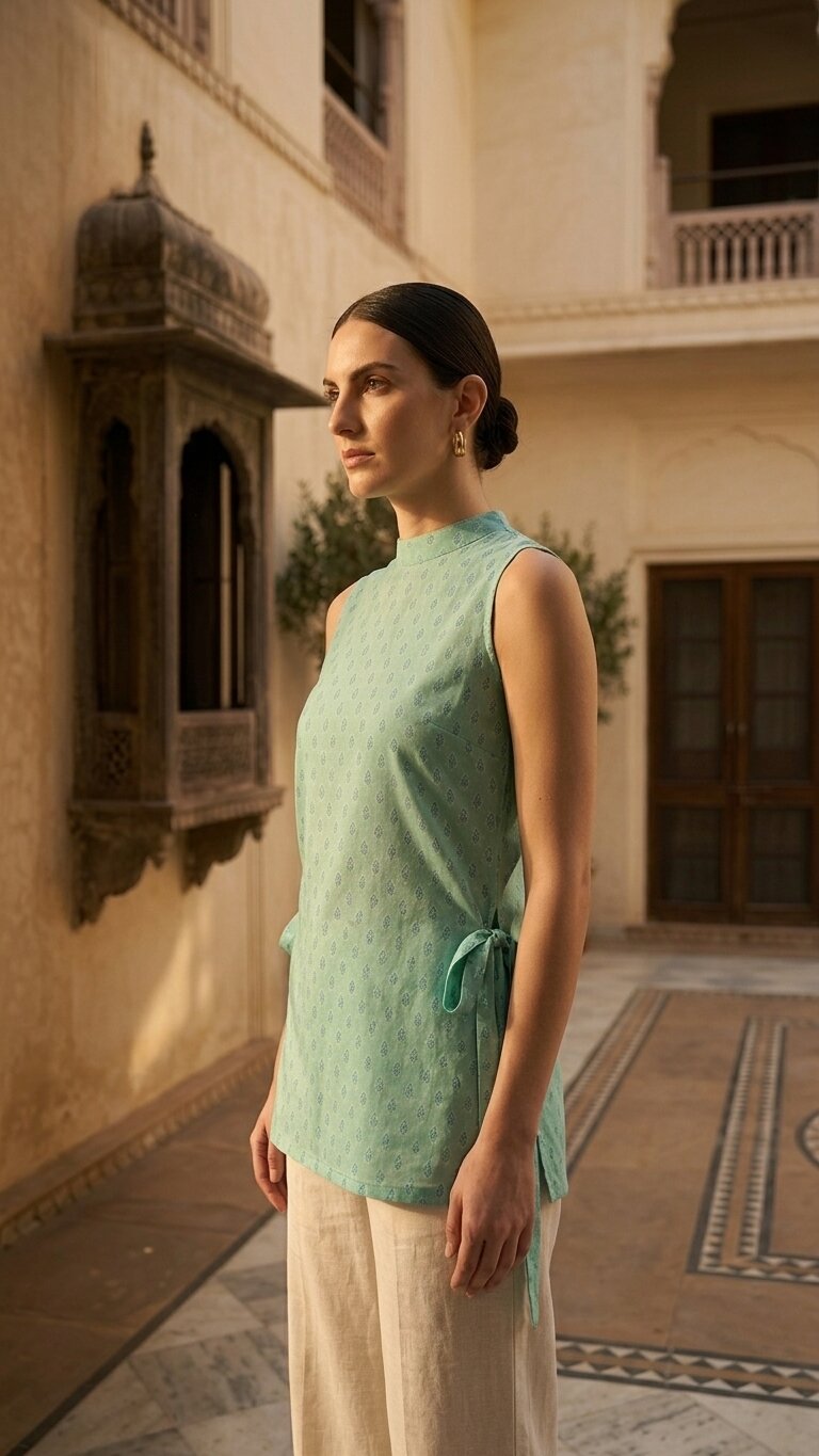 Cotton High Neck Side tie-up Printed Kurti