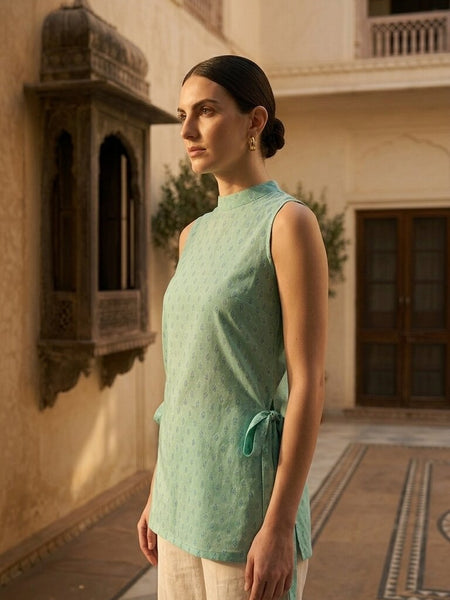 Cotton High Neck Side tie-up Printed Kurti