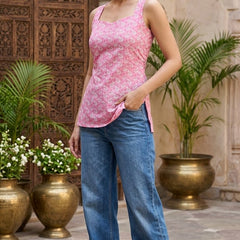 Cotton Pink Floral Square neck Kurti