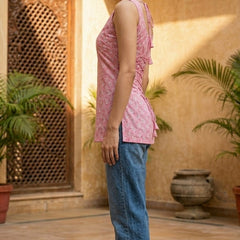 Cotton Pink Floral Square neck Kurti