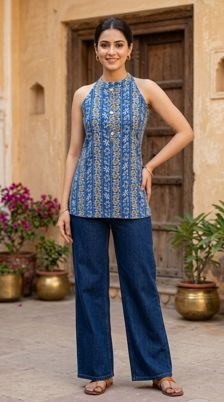 Women Cotton Katha Work Printed Button-up Kurti