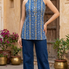 Women Cotton Katha Work Printed Button-up Kurti