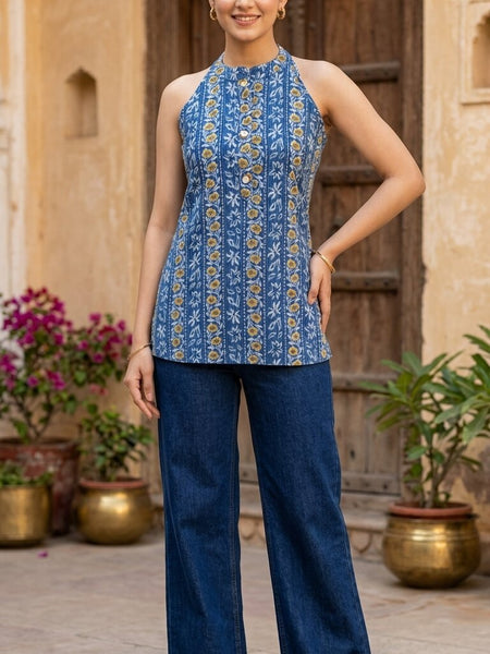 Women Cotton Katha Work Printed Button-up Kurti