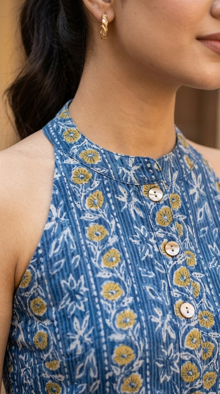 Women Cotton Katha Work Printed Button-up Kurti