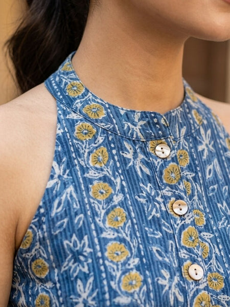 Women Cotton Katha Work Printed Button-up Kurti