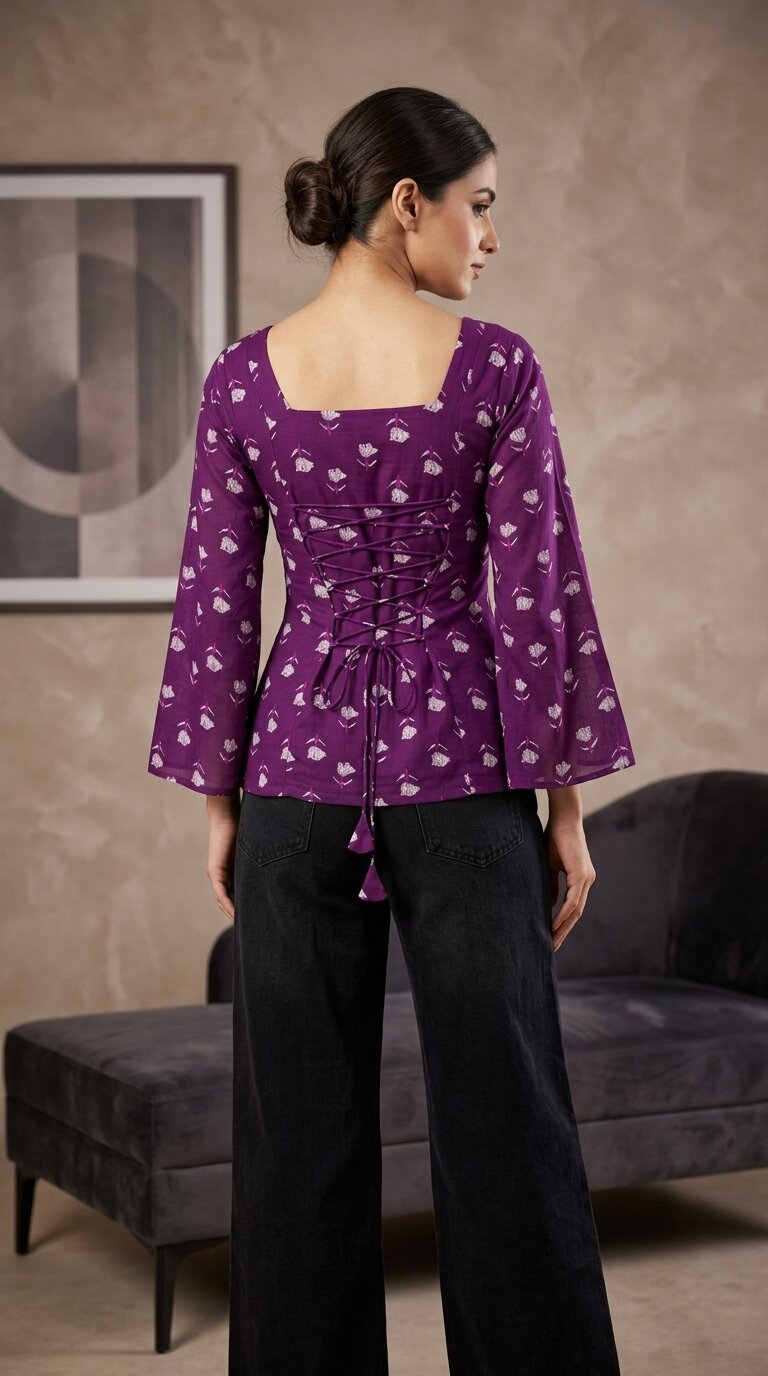 Women Purple Cotton Printed Flared Sleeve Back tie-up Kurti
