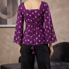 Women Purple Cotton Printed Flared Sleeve Back tie-up Kurti