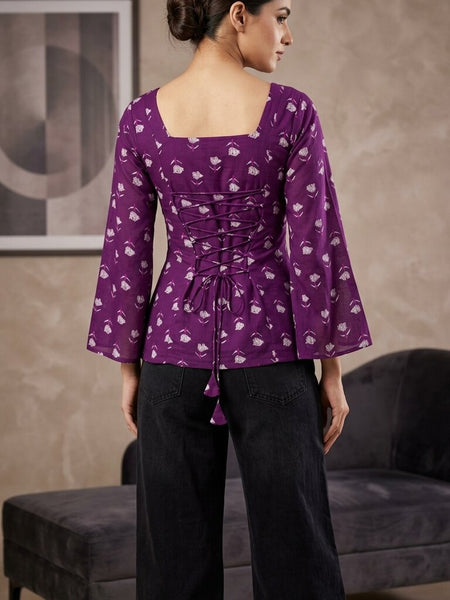 Women Purple Cotton Printed Flared Sleeve Back tie-up Kurti