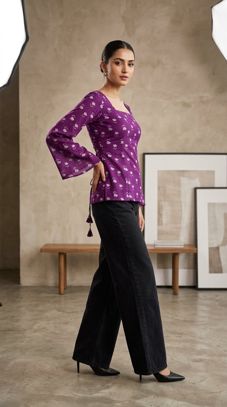 Women Purple Cotton Printed Flared Sleeve Back tie-up Kurti