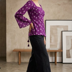 Women Purple Cotton Printed Flared Sleeve Back tie-up Kurti