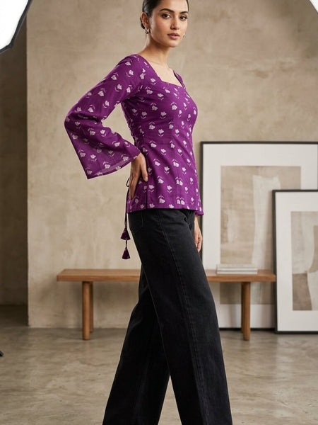 Women Purple Cotton Printed Flared Sleeve Back tie-up Kurti