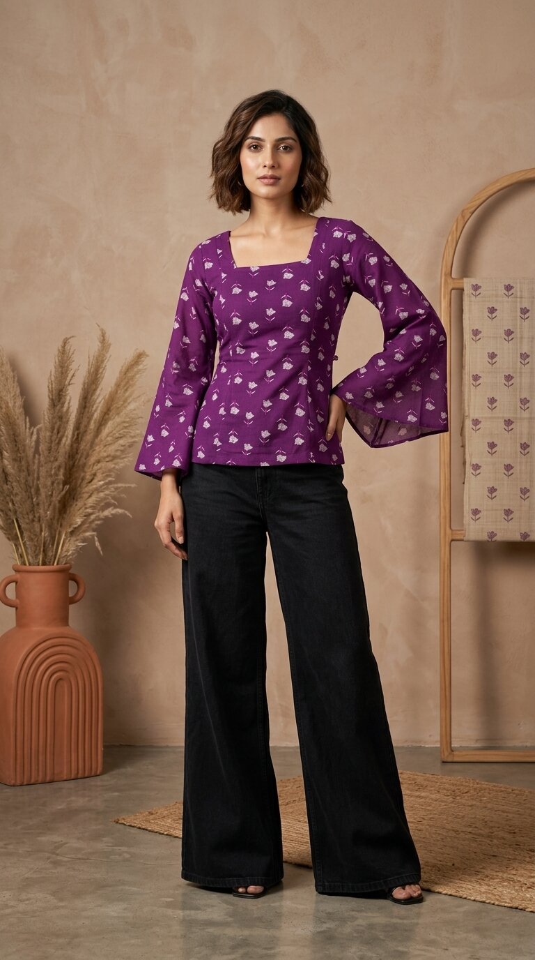 Women Purple Cotton Printed Flared Sleeve Back tie-up Kurti