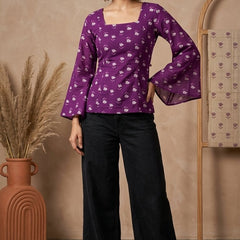 Women Purple Cotton Printed Flared Sleeve Back tie-up Kurti